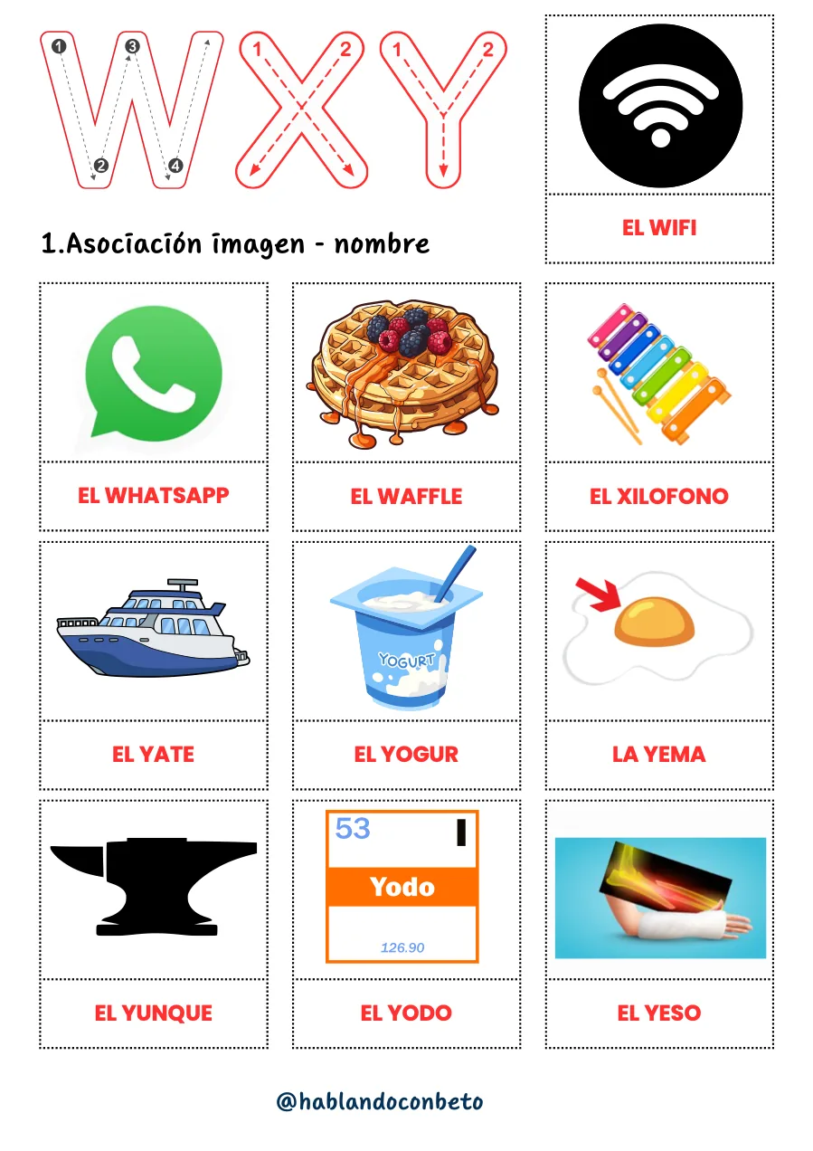 Aprendo a Leer y Escribir con Beto: Letras W, X y Y, página de muestra 1